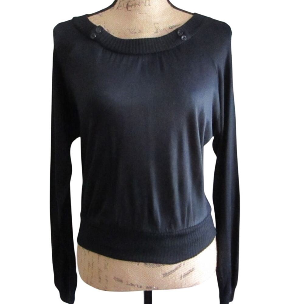 70s Vintage Black Boatneck Sweater Size M Buttons Long Sleeve Minimalist Goth
